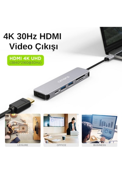 Omars 6 OMHUBSG2U6PLX-1 Port Type-C Usb 3.1 Pd 4K HDMI SD/TF Kart Uyumlu Hub Dönüştürücü Adaptör