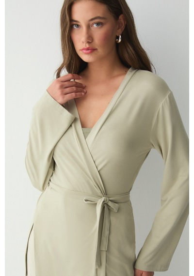 ETHIQUET Ethıquet Zalure Kadın Yumuşak Ve Esnek Kumaşlı Belden Bağlamalı Kısa Haki Kimono