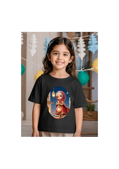 Stil-x Ramazan Bayramı Baskılı Kız Çocuk Tshirt, %100 Pamuklu Kumaş Siyah-22