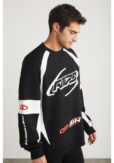 Grımelange Breez Erkek Organik Pamuklu Oversize Parçalı Spor Baskı Detaylı Bisiklet Yaka Siyah Sweatshirt