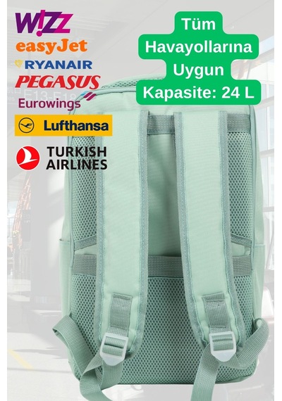 Jet Turtle Seyahat Sırt Çantası 40cm 40x25x15 Cm Pegasus, Wizz Air, Ryanair, El Valizi Koltuk Altı Valizi Yeşil