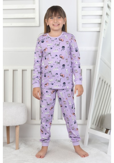 Uzun Kollu Cute Cat Desenli Kız Çocuk Pijama Takımı Mor