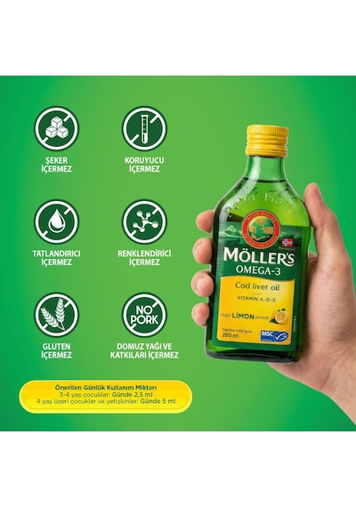 Möller's Omega 3 Doğal Limon Aromalı 250 Ml Saf Morina Balığı Yağı, Ifos Onaylı, Dha, Epa, A D E Vitamini. Çocuklar Ve Yetişkinler İçin Doğal Omega-3