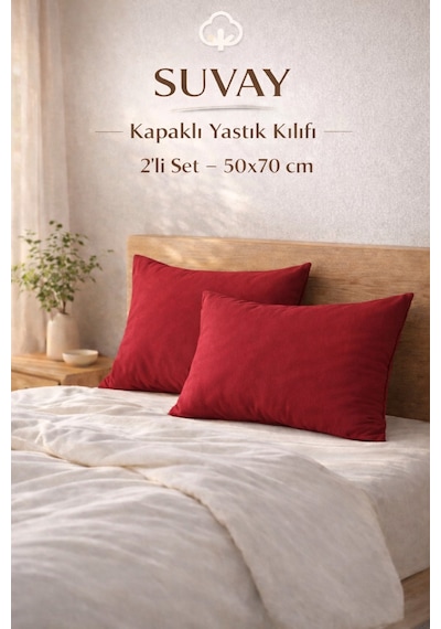 2'li Yastık Kılıfı Kırmızı Pamuklu Kapaklı 50x70 Cm