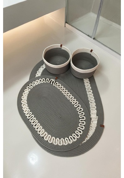 El Yapımı Dekoratif Örgülü Model Banyo Seti 2 Li Paspas 50x80 Ve 40x60 + 2 Organizer Sepet 18x18 Cm Gri