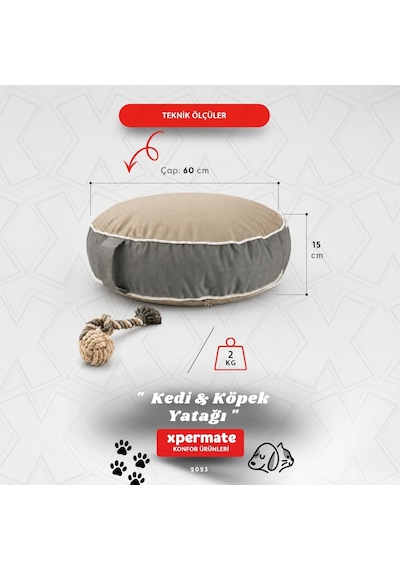 Xpermate Fermuarlı Kedi ve Köpek Minderi Yuvarlak Kedi Minderi Yıkanabilir Kedi Köpek Yatağı Bej - Gri