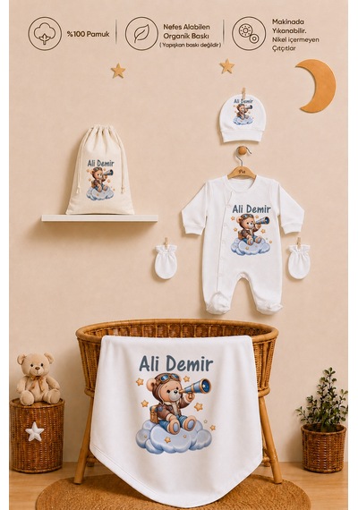 Pia Baby Erkek Bebek Hastane Çıkışı 6 Parça %100 Pamuk İsme Özel Kese Hediyeli Tulum Şapka Eldiven Seti 1007tybk3x Krem