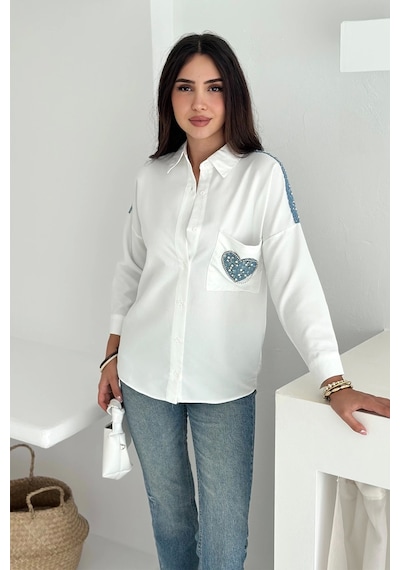 Asprin Fashion Kalp Cepli Gömlek Beyaz