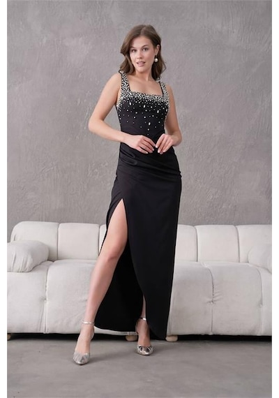 Dip Moda Dipmoda Kadın Taş Detaylı Askılı Uzun Abiye Elbise Dpnbs9367 Siyah