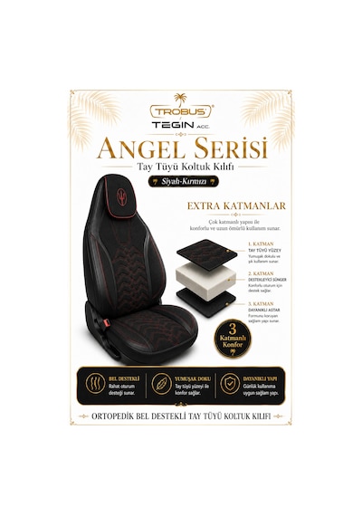 Seat Leon 2005 Ve Sonrası Uyumlu Angel Serisi Tay Tüyü Koltuk Kılıfı Siyah Kırmızı