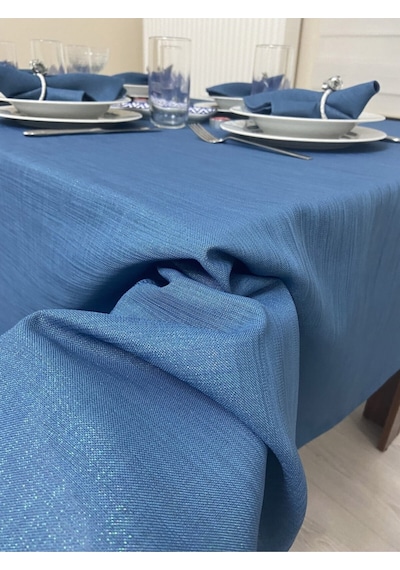 Simli Keten Görünümlü Begonvil Masa Örtüsü Indigo Mavi 13 Parça Set