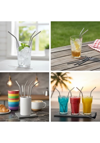 Orret Home 6'li Krom Paslanmaz Metal Pipet Seti 3 Adet Pipet Temizleme Fırçası Hediyeli, Çevre Dostu Metal Pipet