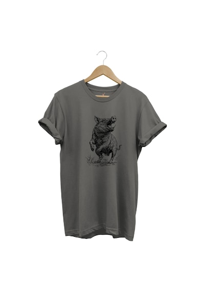 Avcılık Hunter Domuz Avcılığı Baskılı %100 Pamuk Regular Fit Unisex T-shirt Gri