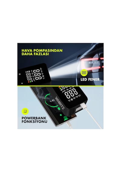 150 Psı Taşınabilir Şarjlı Hava Pompası Dijital Ekranlı, Led Işıklı, 6000 Mah Batarya, Powerbank