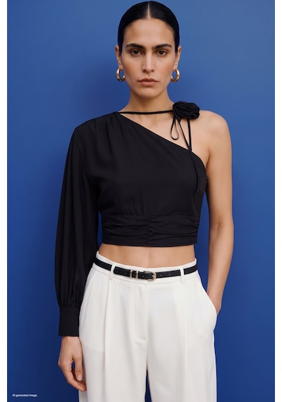 Sateen Çiçek Detaylı Bluz - Siyah-137960