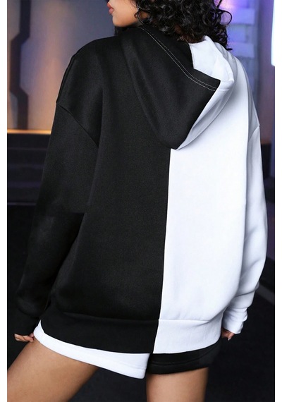 Siyah Beyaz Renk Baskılı Oversize Sweatshirt Siyah