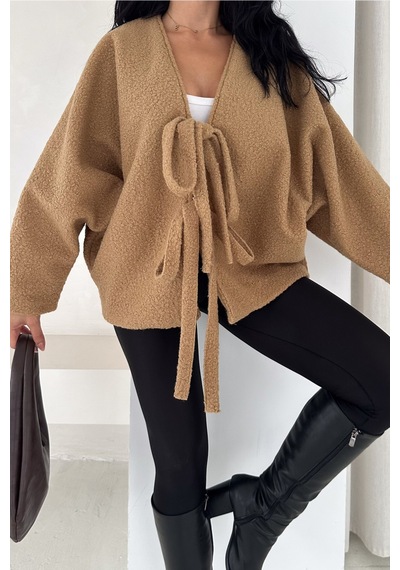 Femelle Camel Bürümcük Bağlamalı Oversize Hırka Yarasa Kol Standart Beden