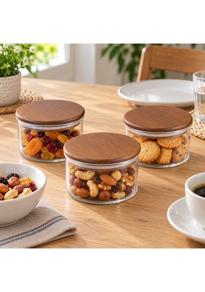 Akasya Kapaklı Cam Kavanoz 450 Ml- Üçlü Set Kahverengi