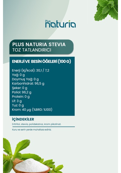 Stevia Toz Tatlandırıcı Şekersiz Ve Kalorisiz Tatlılık, 200g Krom İlaveli