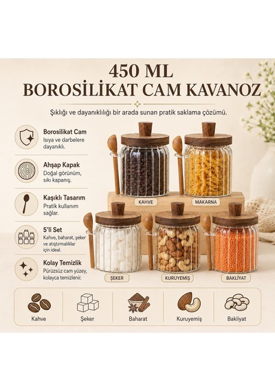 5'li 450 Ml Borosilikat Cam Kavanoz Seti, Ahşap Kapaklı Kaşıklı Küçük Boy Mutfak Saklama Kabı, Kahve, Şeker, Baharat, Kuruyemiş Ve Bakliyat İçin Şık Cam Erzak Kavanozu Çok Renkli