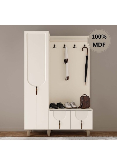 Açelya Mdf Raflı Askılıklı Ayaklı Tasarım Portmanto Ayakkabılık Krem