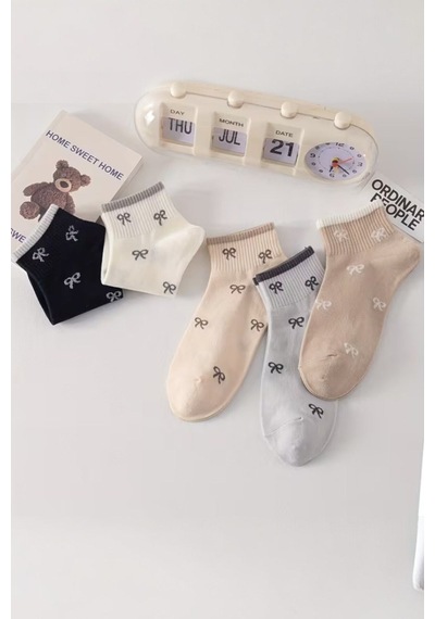 Hitit Socks Kadın 5 Çift Premium Kalite Mini Kurdale Desenli Sevimli Kısa Kolej Çorap Asorti