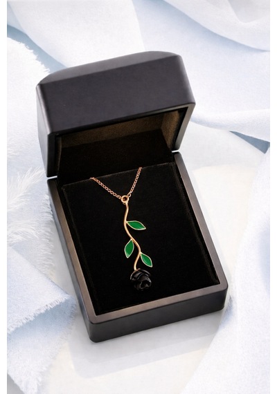 Çekirdekjewelry Siyah Gül Tasarımlı Altın Renk Zarif Kolye Şık Ve Anlamlı Hediye Pembe