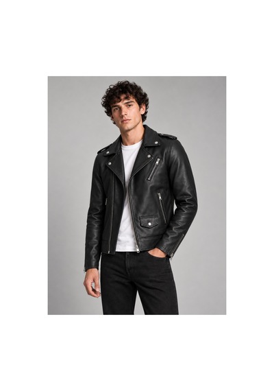 Maison Rae Erkek Siyah Slim Fit Biker Deri Ceket Fermuar Ve Cep Detaylı