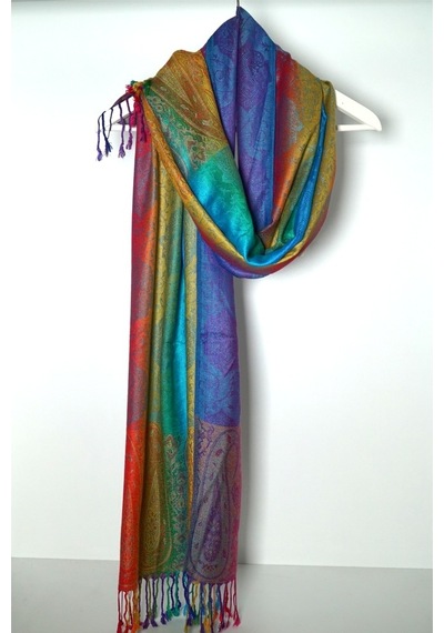 Pashmina Şal - Gökkuşağı Kadın Şal - %100 Paşmina Yünü Saks Mavi