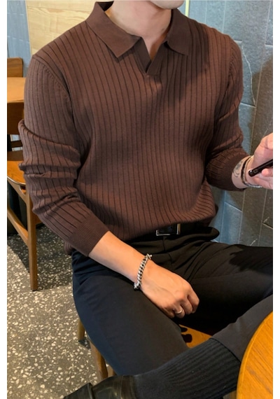 Cool Tarz Erkek Polo Yaka Triko Kazak Slim Fit Fitilli Kahverengi