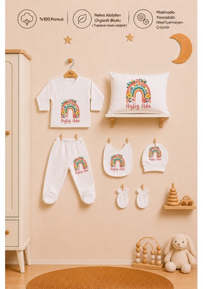 Pia Baby Kız Bebek 7 Parça Hastane Çıkışı Seti %100 Pamuk Kişiye Özel İsimli Zıbın Set 1023zybyx Ekru