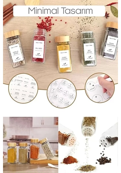 4 Lü Baharatlık Set Stantlı Bambu Kapaklı Etiketli Cam Kare Formlu Baharatlık Takımı Serpme Başlıkl Çok Renkli
