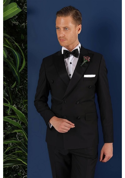 Efor Black 071slim Fit Çıkarılabilir Saten Yaka Kruvaze Siyah Damatlık Smokin Takım Siyah