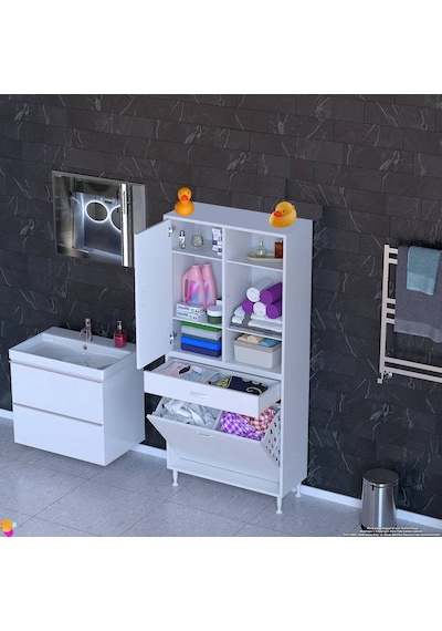Modilayn Afra 80x173x32,5cm 1 Çekmece, 2 Göz Sepet, 1 Kapak, 6 Raf Dar Alan Banyo Dolabı Beyaz Modilayn Afra 80x173x32,5cm 1 Çekmece, 2 Göz Sepet, 1 Kapak, 6 Raf Dar Alan Banyo Dolabı Beyaz