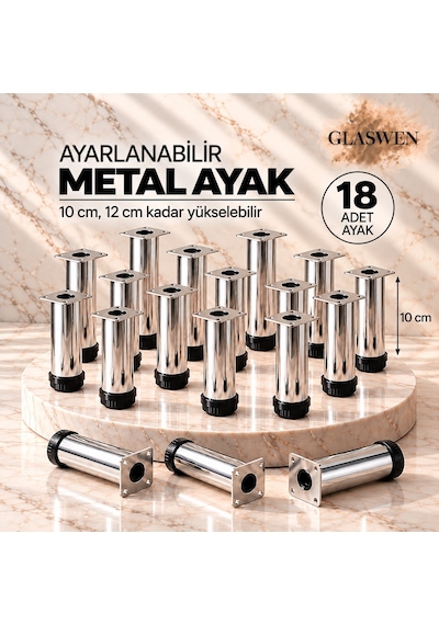 18 Adet Metal Ayarlanabilir 10 Cm Krom Destek Ayak Mobilya Kanepe Baza Koltuk Dolap Sehpa Tv Ünitesi Ayağı