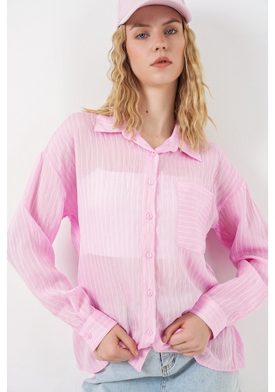 Bigdart Kadın Tek Cepli Çizgili Oversize Gömlek 20375 - Pembe