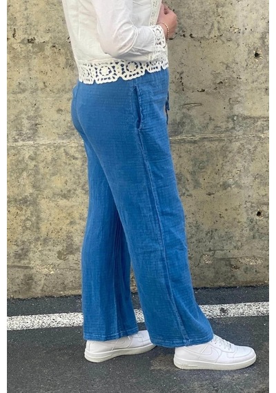Mia Butik Kadın Mavi Keten Pantolon Mavi