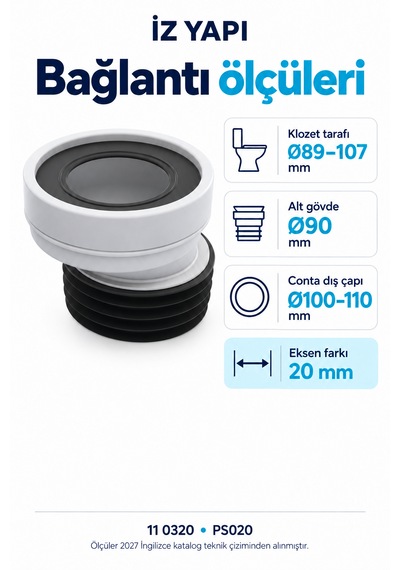 İz Yapı 20 Mm Eksantrik Klozet Kadası Alttan Çıkışlı Gider Bağlantı Adaptörü Ps020 Beyaz