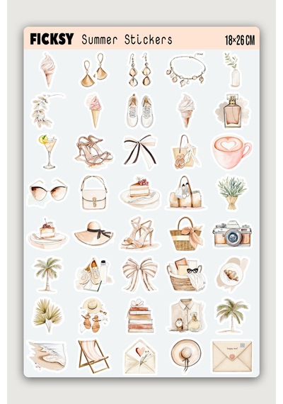 Boho Yaz Modası Sticker Seti Sahil Temalı - 60 Adet Etiket Çıkartma Diğer