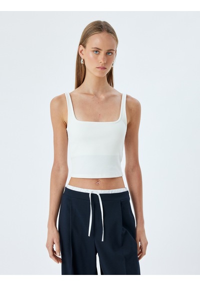 Koton Crop Fitilli Atlet Slim Fit Kare Yaka Pamuklu Beyaz 4sak10996ek Beyaz