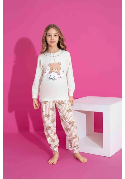 Kız Çocuk Ayıcık Desenli Uzun Kollu Pijama Takımı-936 KREM