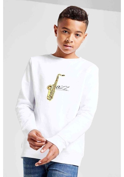Tshirthane Only Jazz Baskılı Unisex Çocuk Beyaz Sweatshirt Beyaz