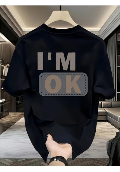 Unisex "ı'm Ok" Baskılı Oversize Pamuklu Tişört - Özel Tasarım Patch Detaylı SIYAH