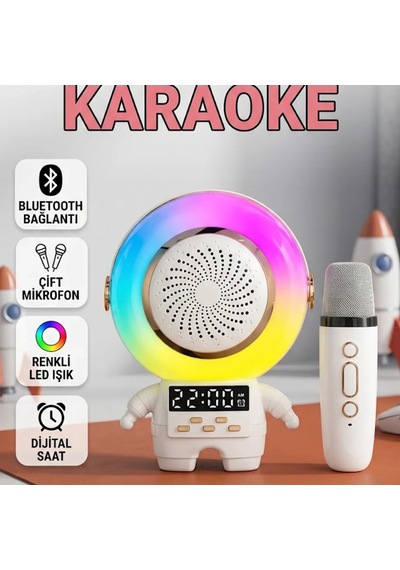Renkli Işıklı Astronot Bluetooth Hoparlör Ve Kablosuz Karaoke Mikrofon Seti