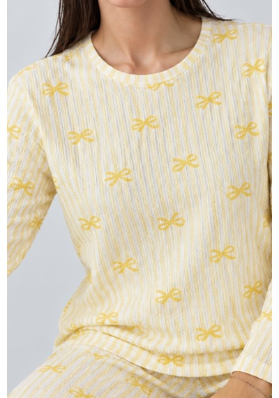 Kadın Çizgili Rahat Desenli İkili Sarı Pijama Takımı 4797