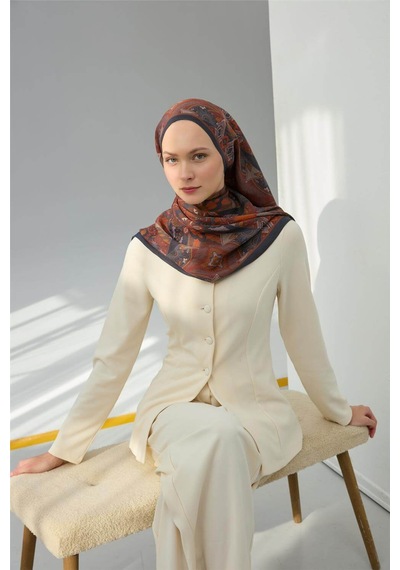 Silk Home Viskon Velora Eşarp Antrasit-taba Desenli Kaymaz Tok Duruşlu 90x90 Çok Renkli