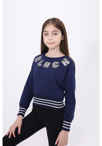 Toontoy Kız Çocuk Sweatshirt Black Varak Baskılı Lacivert