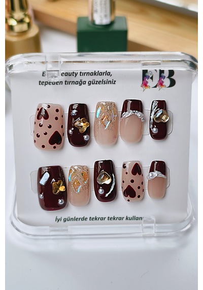 Kalpli Small Beden Protez Tırnak 10 Adet El Yapımı Takma Tırnak Seti 1511 Bordo