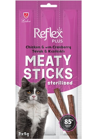 Reflex Plus Meaty Sticks Tavuklu ve Kızılcıklı Tahılsız Kısırlaştırılmış Kedi Ödül Çubuğu 3 x 5 G