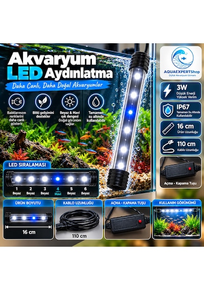 Akvaryum Işığı - Balık Işığı - Tamamen Su İçinde Kullanılabilir - 16 Cm - 6 Led - Mavi Beyaz - Açma Kapatma Tuşlu - 3w - Güçlü Işık